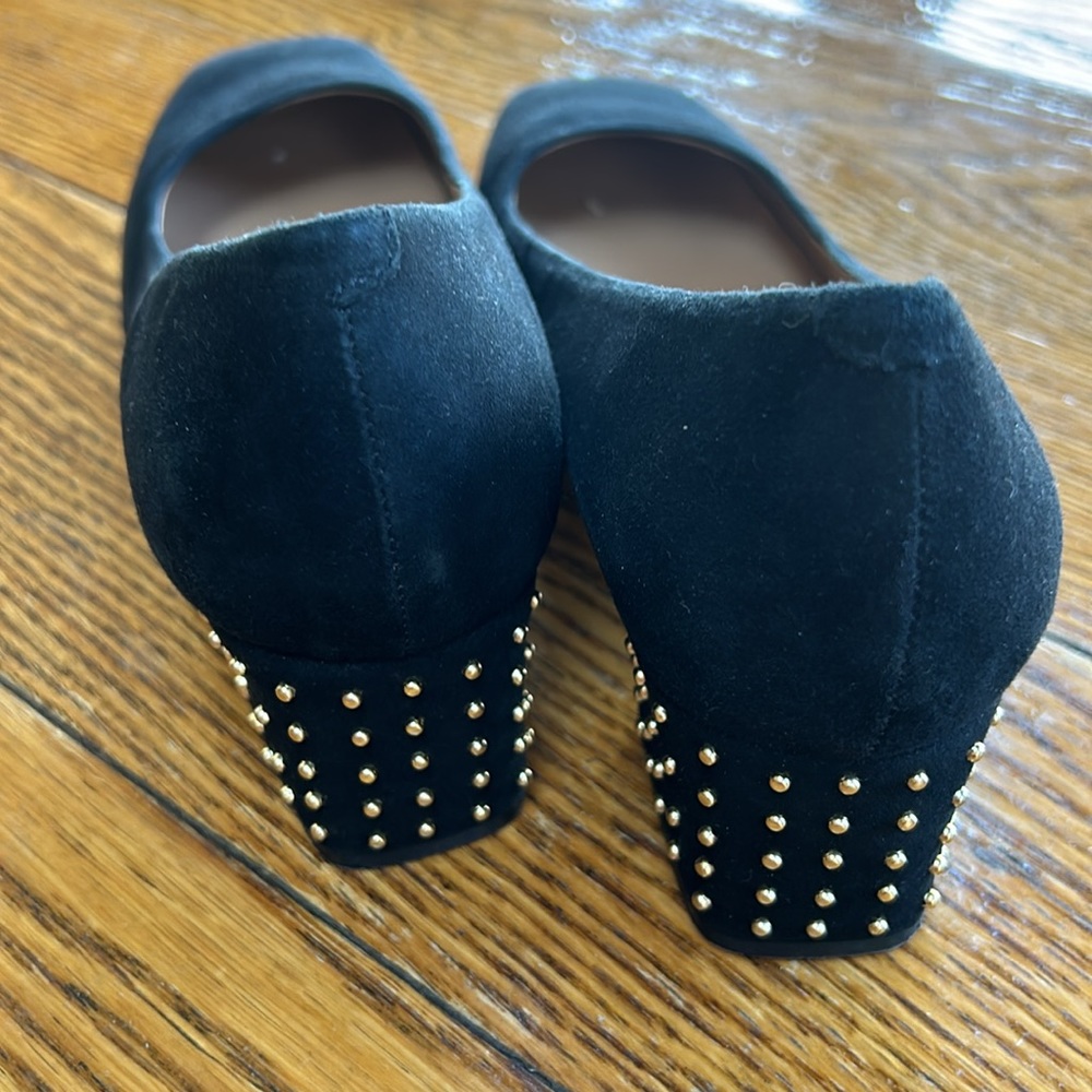 Talbots black suede leather square heel pumps.  Gold beads on heels. Size 8.5 B